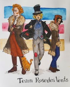 a drawing of three people dressed up in costumes and hats, standing next to each other