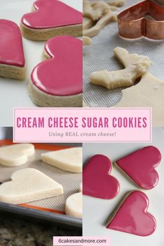 some heart shaped cookies are on a baking sheet and one has been cut into hearts