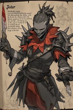 This reimagining of the Jester oozes sinister charm with his spiked armor, bloodstained blade, and maniacal aura. Perfect for grim dark fantasy settings or psychological RPG projects with an edge. An evocative take enhancing his chaotic energy.   #JesterArt #DarkestDungeonDesign #DarkFantasyCharacter #GameCharacterDesign #VillainIllustration Jester Concept Art, Spiked Armor, Character Showcase, Fantasy Settings, Chaotic Energy, Grim Dark, The Jester, Epic Hero, Darkest Dungeon