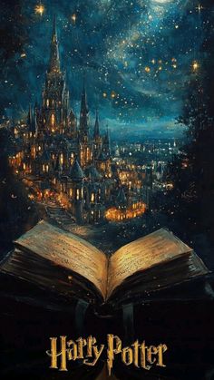 an open book sitting on top of a table next to a castle in the sky