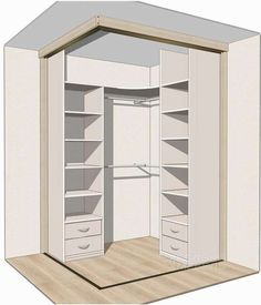 an open closet with shelves and drawers on the floor, in front of a white wall