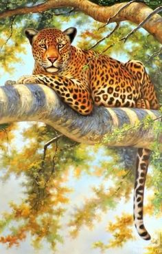 a painting of a leopard resting on a tree branch