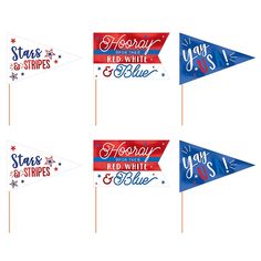 four red, white and blue flags with the words stars and stripes on each one