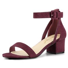 A pair of high heels featuring an open toe with ankle straps, and block heels with suede covering ends.Chunky Heel Ankle Strap Sandals.Vamp: Faux Suede; Outsole: Rubber; Heel: ABS.Heel Height: 2 inches. Size: 8.5. Color: burgundy. Gender: female. Age Group: adult. Pattern: Solid. Womens Chunky Heels, Low Heel Sandals, Block Heel Shoes, Buckled Heels, Chunky Heels Sandals, Ankle Straps, Chunky Heel, Heel Sandals, Ankle Strap Sandals