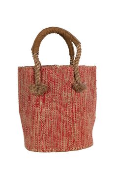 Jute & Cotton Bucket Bag - Ten Thousand Villages Red Rectangular Bucket Bag For Vacation, Red Rectangular Straw Bag For Daily Use, Trendy Red Rectangular Beach Bag, Casual Fringe Beach Bag For Daily Use, Red Casual Beach Bag For Travel, Casual Red Beach Bag For Travel, Casual Natural Bags With Fringe, Casual Red Beach Bag, Red Bucket Bag With Handles