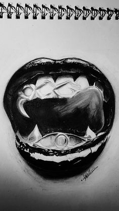 Drawing of a lip with black lipstick and silver fangs;all edited to black and white Xg Drawing, Romantic Life, Doodle Ideas, Draw Sketch, Kpop Drawings, Coloured Pencils, Lip Art, Hand Art Drawing, Sketch Art