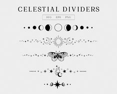 celestial dividers with stars, moon and crescents in black on a white background