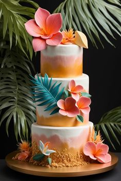 a three tiered cake decorated with flowers and palm leaves on a table next to a plant