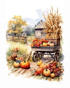 an old wagon filled with pumpkins and corn