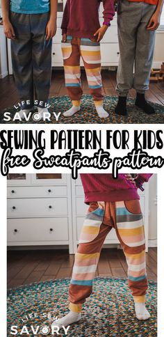 two children standing on top of a rug in front of a kitchen counter with the words sewing pattern for kids free step - by - step patterns