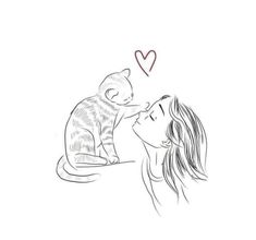 a woman kissing a cat with a heart above her head