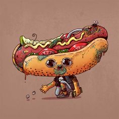 a drawing of a hot dog with lots of toppings on it's head