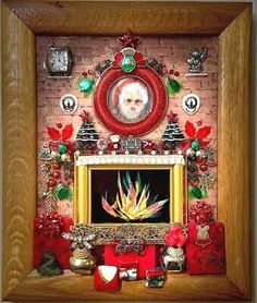 a fireplace decorated with christmas decorations and other items in a wooden frame on top of a brick wall