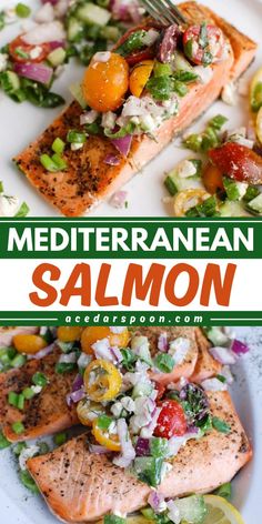 the cover of mediterranean salmon salad on a white plate