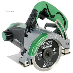 a green and black circular saw is on a white background with the words hitachi