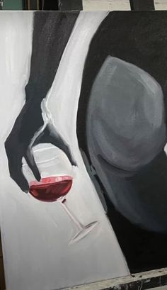 a painting of a woman holding a glass of red wine in her right hand, with the other arm behind her back