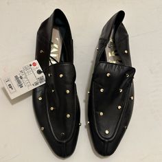 Nwt Zara Women Gold Studded Leather Shoes Size 6.5 In Black With Gold Please See All Pics Some Crease From Storage Shoes Size 6, Shoes Color, Zara Shoes, Studded Leather, Zara Black, Gold Studs, Zara Women, Flat Shoes Women, Leather Shoes