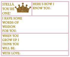 a pink and gold princess birthday card with the words stella, you're one i have some words of wisdom for you when you grow up