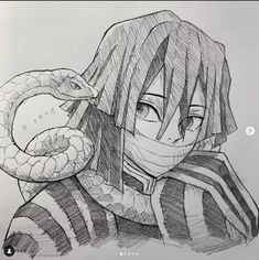 a drawing of a person with a snake on their shoulder and the head of a snake wrapped around his neck