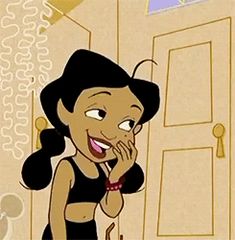 a cartoon character is smiling and holding her hand up to her face while standing in front of a door