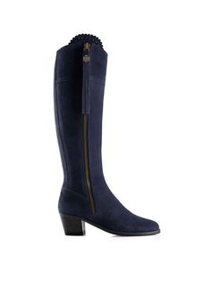 The Heeled Regina (Sporting Fit) - Navy Blue Suede Narrow Calf Boots, Blue Suede Boots, Tall Heeled Boots, Womens Tall Boots, Fairfax And Favor, Blue Suede Heels, Cuban Heels, Long Boots, Tan Suede