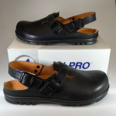 Birkenstock Alpro C 311 Clogs Shoes - Black Smooth Leather Birkenstock Size 41 N (Schmal) = Us Women's 10-10.5, Us Men's 8-8.5 These Made In Germany Birkenstock Alpro C311 Smooth Black Leather Shoes Are Brand New. Details: - Upper: Smooth Black Leather - Easily Cleaned Leather Upper - Two Adjustable Buckle Straps For Easy On-And-Off Wear And A Secure Fit - Adjustable Black Metal Pin Buckles - Inside Lining - Suede Leather - Anatomically Shaped Cork Footbed - Footbed Top Lining: Suede Leather - F Rubber Clogs, Birkenstock Black, Suede Leather Shoes, Leather Wear, Black Leather Shoes, Leather Clogs, Navy Leather, Birkenstock Shoes, Box Color