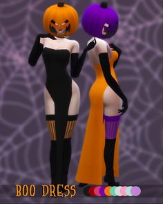 two women dressed in halloween costumes standing next to each other with pumpkins on their heads