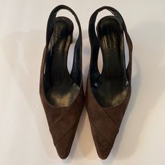 Never Worn Valentine Chocolate Brown Suede Sling Back Pointed Toe/2”Squared Heel::Sz 8 B Heels Italy Pre Owned But Never Worn Condition Elegant Brown Low Heel Slingback Pumps, Brown Low Heel Slingback Pumps For Party, Brown Ankle Strap Kitten Heels For Formal Occasions, Brown Pointed Toe Slingback Pumps, Fitted Brown Slingback Pumps With Pointed Toe, Brown Slingback Kitten Heels For Evening, Elegant Brown Medium Width Slingback Pumps, Brown Pointed Toe Slingback Pumps With Wrapped Heel, Elegant Fitted Brown Slingback Pumps