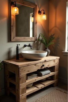 a bathroom with a sink, mirror and lights on the wall next to a rug