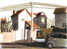 a drawing of a small car parked in front of a house on a street corner