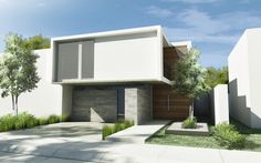 an artist's rendering of a modern house with trees and shrubs in the front yard