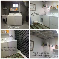 before and after pictures of a laundry room with washer, dryer, toilet