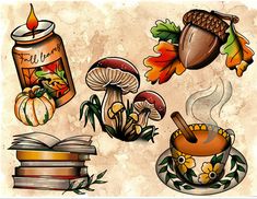 an image of autumn clipart set with books and coffee mugs on old paper