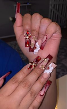 By @nailsbysher!1n Red Acrylic Nails Butterflies, Red And Gold Butterfly Nails, Wine Red Quince Nails, Red And Gold Butterfly Quince Theme, Red Quince Nails Medium Length, Red Quince Nails, Red Butterfly Nails, Monthly Nails