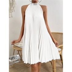 -Item Id 16801797 -Color: White -Style: Casual -Details: Contrast Sequin, Pleated -Pattern Type: Plain -Type: A Line -Neckline: Halter -Sleeve Length: Sleeveless -Waist Line: Natural -Hem Shaped: Pleated -Length: Short -Fit Type: Regular Fit -Fabric: Non-Stretch -Material: Woven Fabric -Composition: 95% Polyester, 5% Elastane -Care Instructions: Machine Wash Or Professional Dry Clean -Sheer: No **Open To Offers!!!** **Bundle To Save More** **30% Off Bundles Of 2 Or More Items!!** ***Orders Go Ou A Line White Dress, Pleated Halter Dress, Pleats Pattern, Halter Neck Dress, Evening Gowns Elegant, Short Sleeve Jumpsuits, Couture Runway, Jumpsuit With Sleeves, Classy Chic