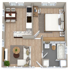 A beige 3D floor plan of a square home with one bedroom, and one bathroom with a bathtub. Hotel Suites Floor Plan, Small House Layout 1 Bedroom, 1bedroom House Plans, Laundry Alcove, 1 Bedroom Apartment Floor Plan, Hotel Suite Floor Plan, Closed Floor Plan, Small House Floor Plan