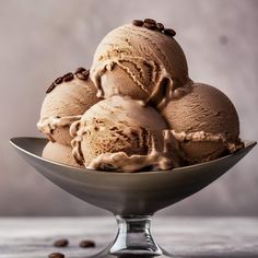 three scoops of coffee ice cream in a bowl