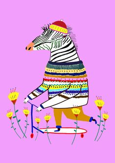 a drawing of a zebra riding a skateboard in front of flowers on a pink background