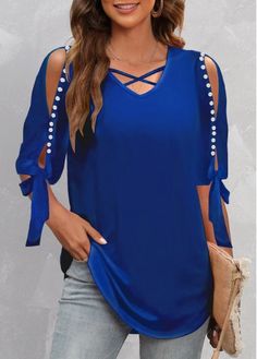 Size:S;Color:Dark Blue;Size:XXL;Size:XL;Size:L;Size:M;Color Scheme:Blue;Season:Spring;Style:Casual;Composition:95% Polyester, 5% Spandex;Washing Instructions:Hand Wash;Occasion:Staycation;Clothing&apos;s Length:Long;Neckline:V Neck;Pattern Type:Solid;Sleeve Type:Cold Shoulder;Decoration:Cold Shoulder;Sleeve&apos;s Length:Half Sleeve;Package Contents:1 X T Shirt; Stylish Tops For Women, Spring Fashion Casual, Trendy Tops For Women, Trendy Fashion Tops, Stylish Blouse, Pearl Design, Blue T Shirt, Summer Style Casual, Tees For Women