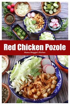 red chicken pozole with lettuce and radishes on the side