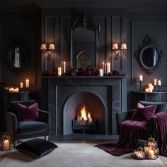 a living room filled with furniture and a fire place covered in candles next to a mirror