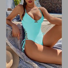 Blue Lace Up One Piece Swimsuit - Model Mannequin Backless Bathing Suits, Swimwear 2021, Solid Color Swimsuit, Bandage Swimsuit, Swimsuit Women, Costume Intero, Blue Swimsuit, Womens Bathing Suits, One Piece Bodysuit