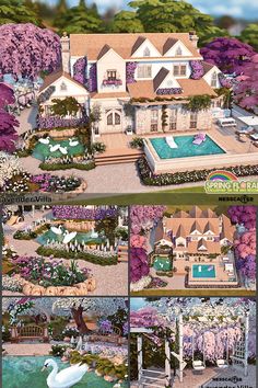 this is an artist's rendering of a house in the garden with flowers and trees