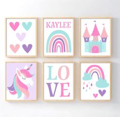 four children's wall art prints featuring unicorns, castle, rainbow and love