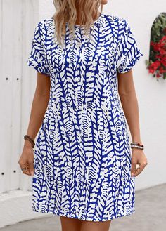 Blue Printed Knee-length Mini Dress, Casual Royal Blue Knee-length Dress, Blue Crew Neck Mini Dress For Spring, Blue Shift Mini Dress With Short Sleeves, Casual Royal Blue Dress For Vacation, Casual Blue Printed Mini Dress, Blue Crew Neck Mini Dress For Summer, Blue Printed Shift Mini Dress, Casual Royal Blue Mini Dress For Summer