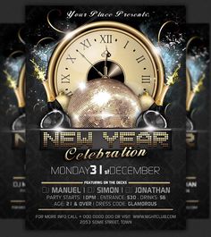 a flyer for a new year's eve party with a disco ball and clock