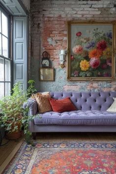 a living room filled with furniture and lots of flowers in the window sill on the wall