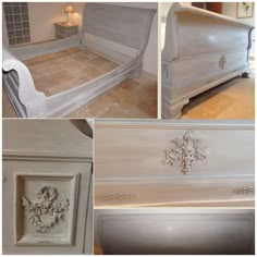 four different pictures of an old bed with white paint