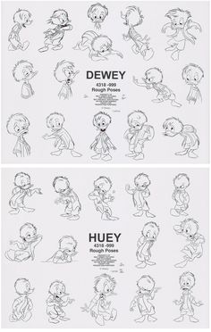 various cartoon character poses and expressions drawn in pencil on paper, with the words huey above them