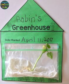 a paper house with a plant growing out of it's side and the words robin's greenhouse on top